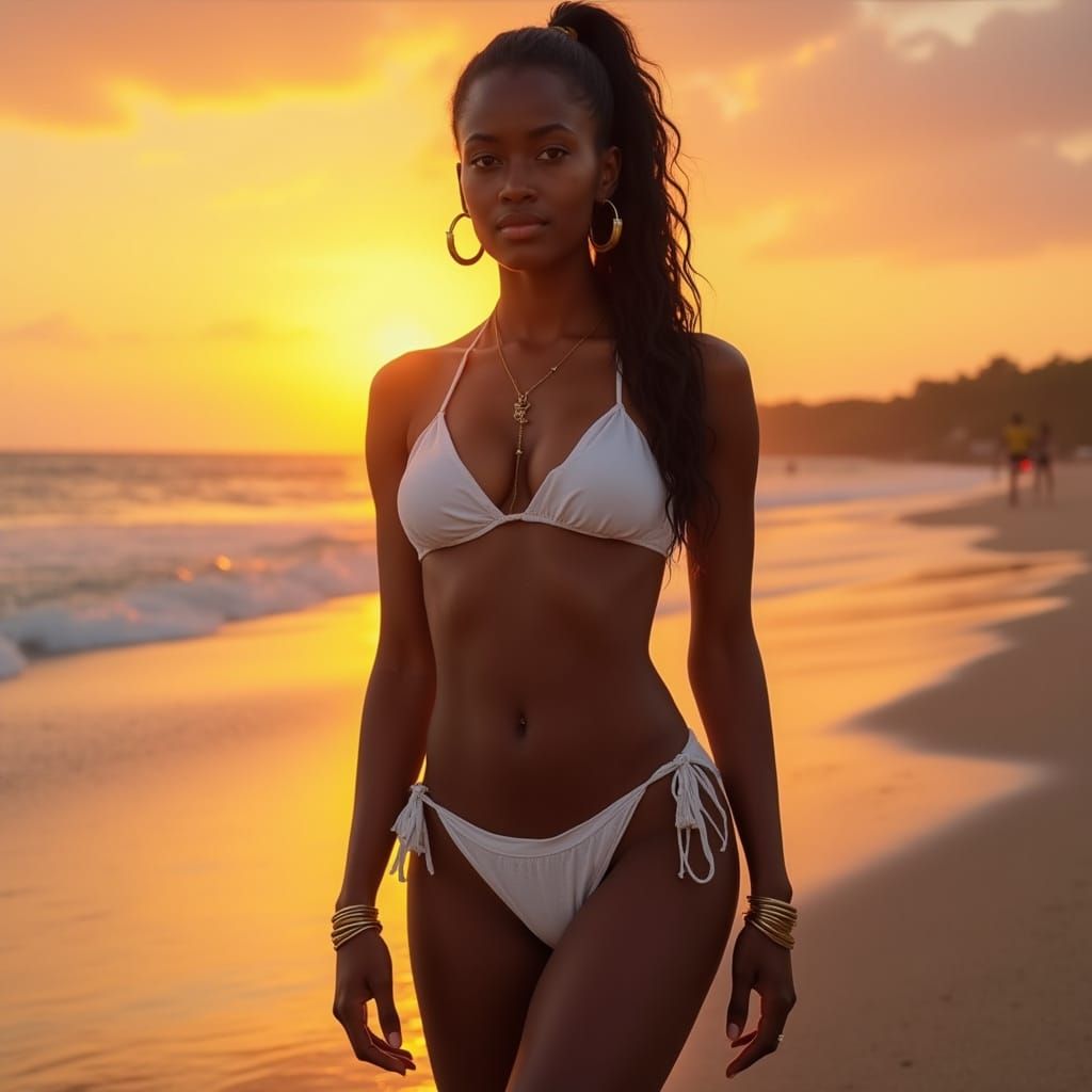 Beautiful Kenyan Woman Standing on Beach Shore at Sunset
