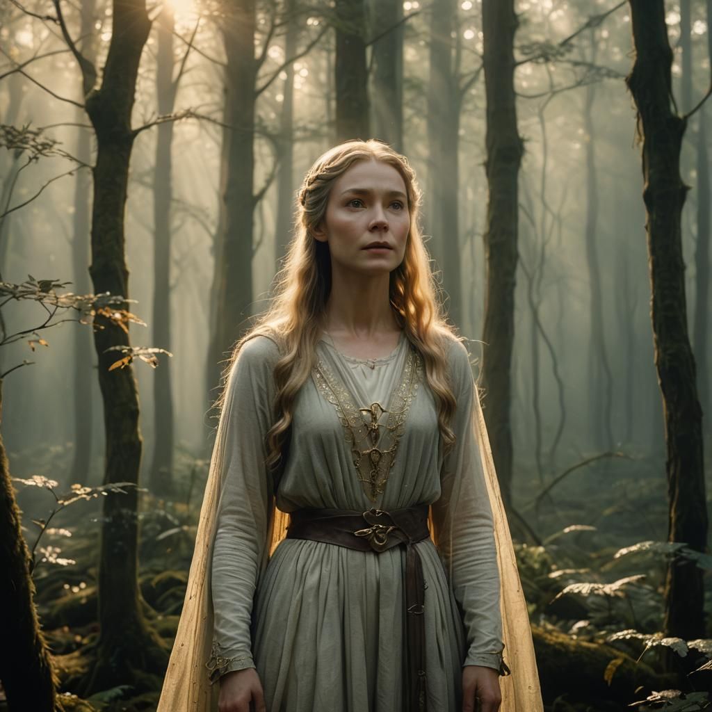 Ethereal Galadriel in Misty Forest, Cinematic Film Still