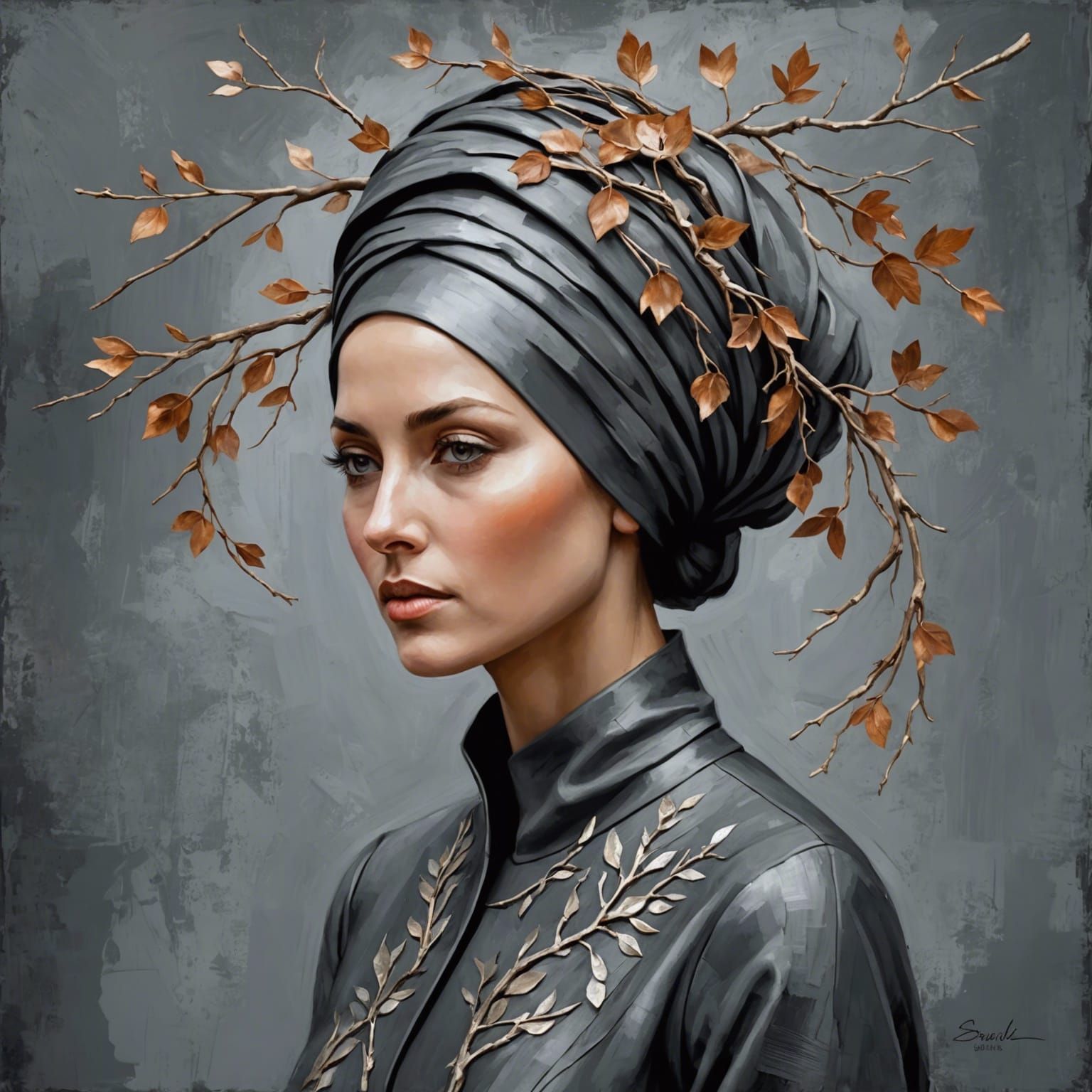 Faceless Woman with Floral Turban in Naive Art Style