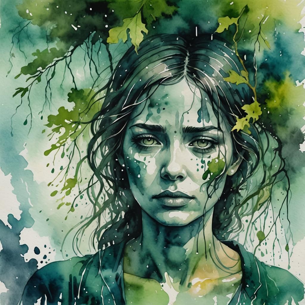 Moody Watercolor: Woman's Lament in Polluted Waters