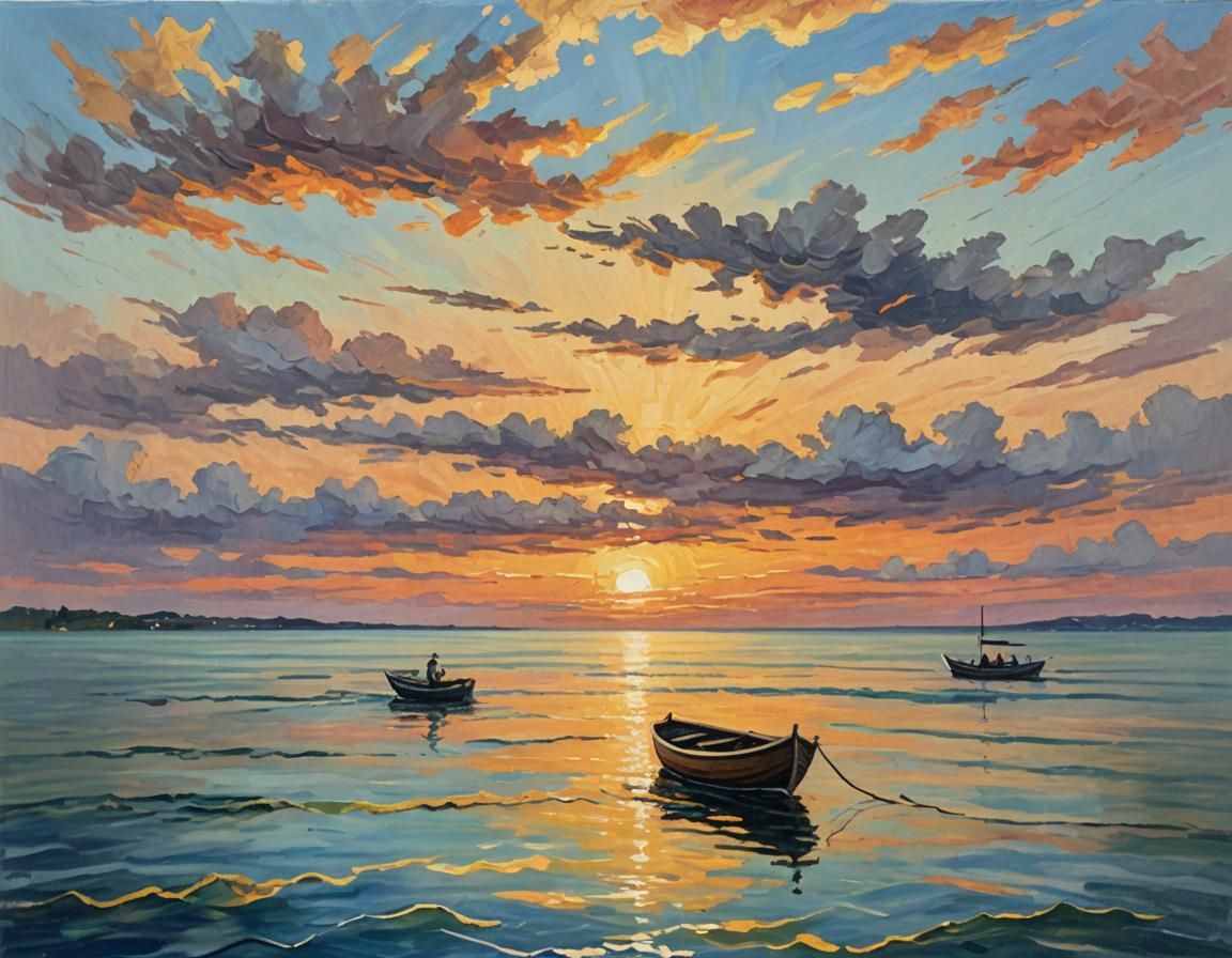 Impressionist Seascape at Sunset with Submerged Boat