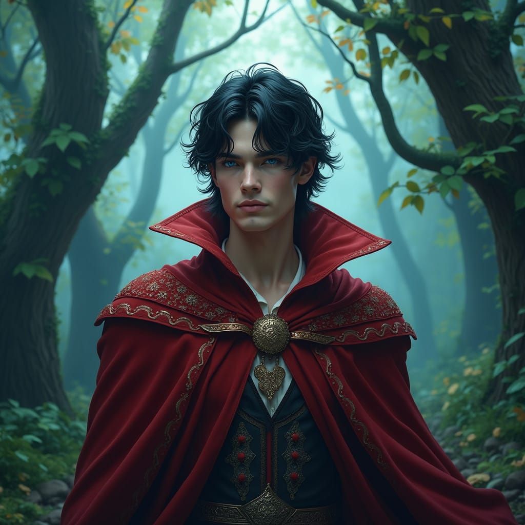 Majestic Prince in Crimson Attire Amidst Fantasy Forest