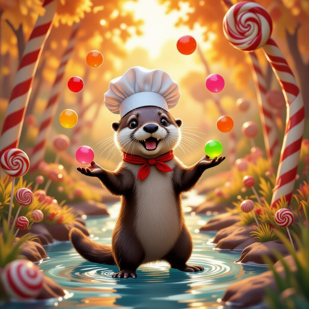 Mischievous Otter Juggles Gumdrops in Candy Forest
