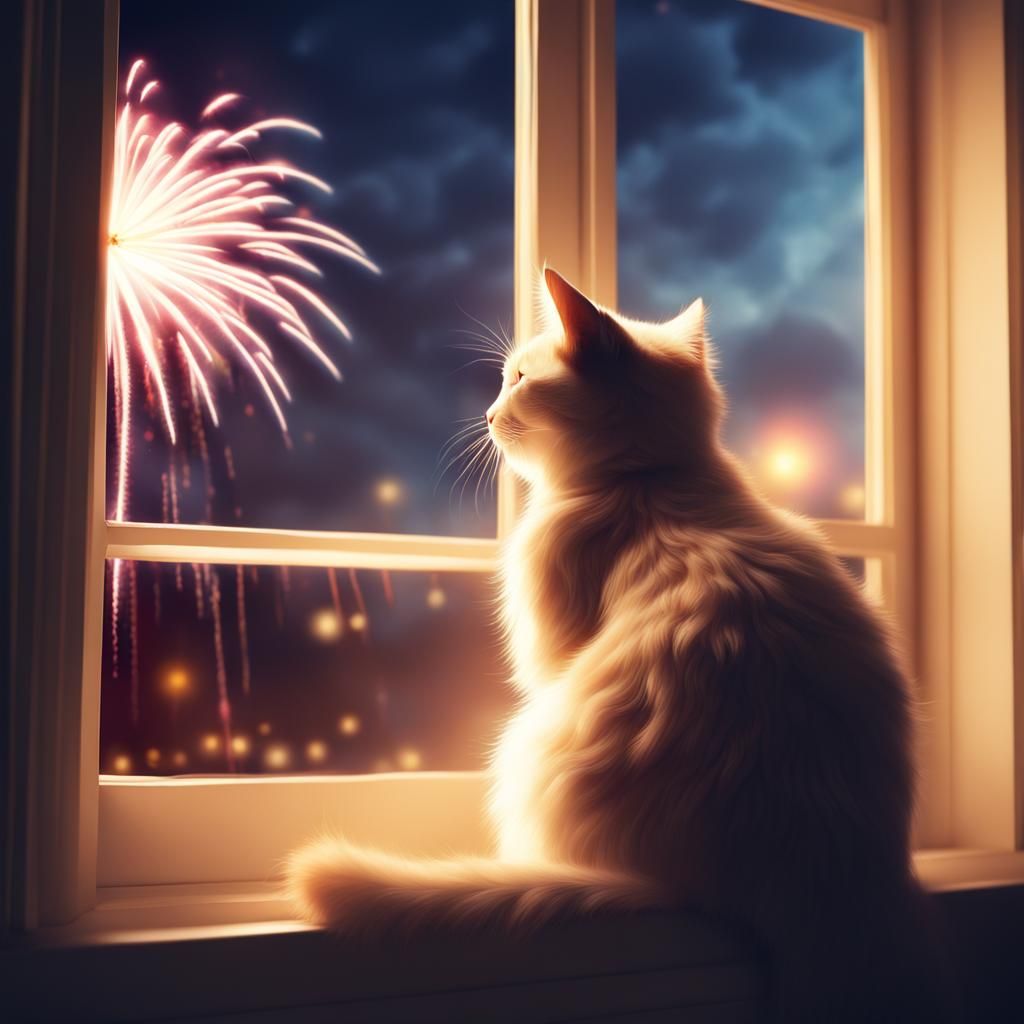 Fuzzy Cat Watches Fireworks Display