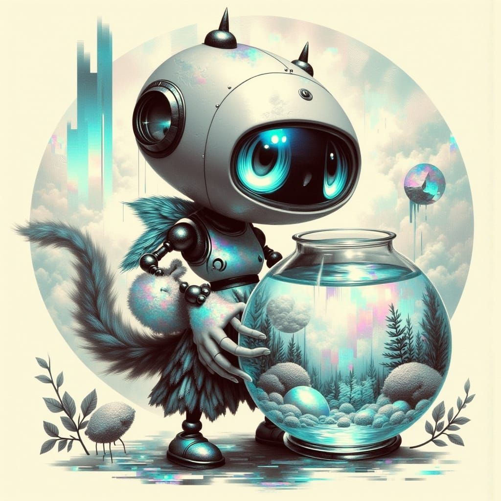 Cute Robot Holding a Fishbowl