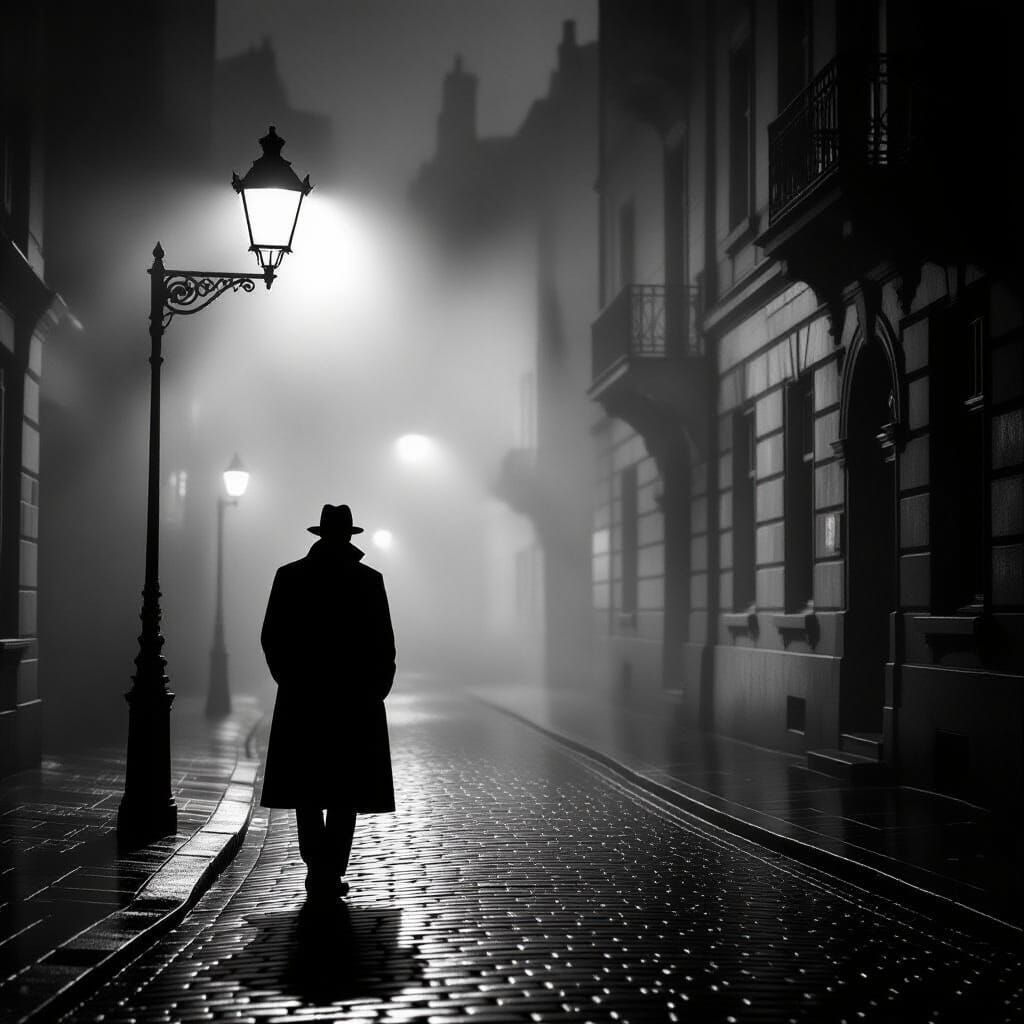 Noir City Figure in Foggy 1940s European Street
