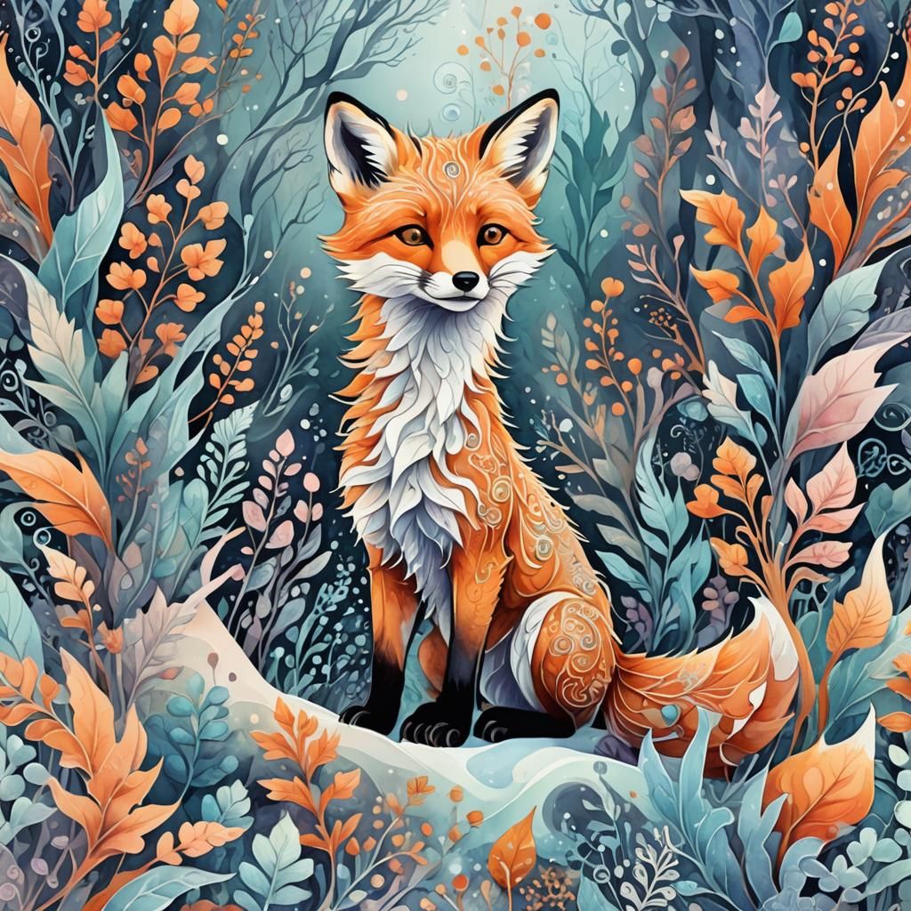 Fox Cub in Winter Wonderland: Watercolor Abstract
