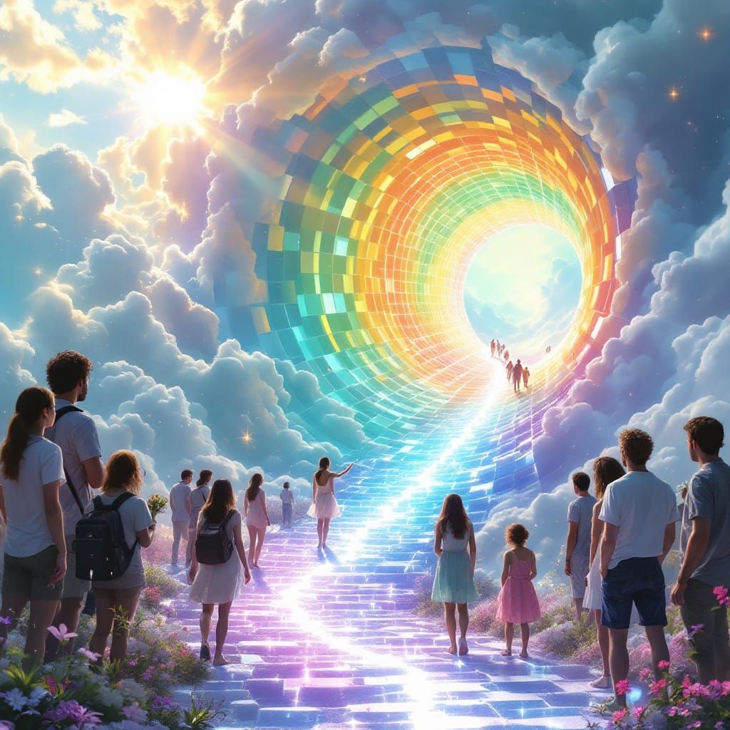Humans Gather Around Heavenly Tunnel Portal Leading Home