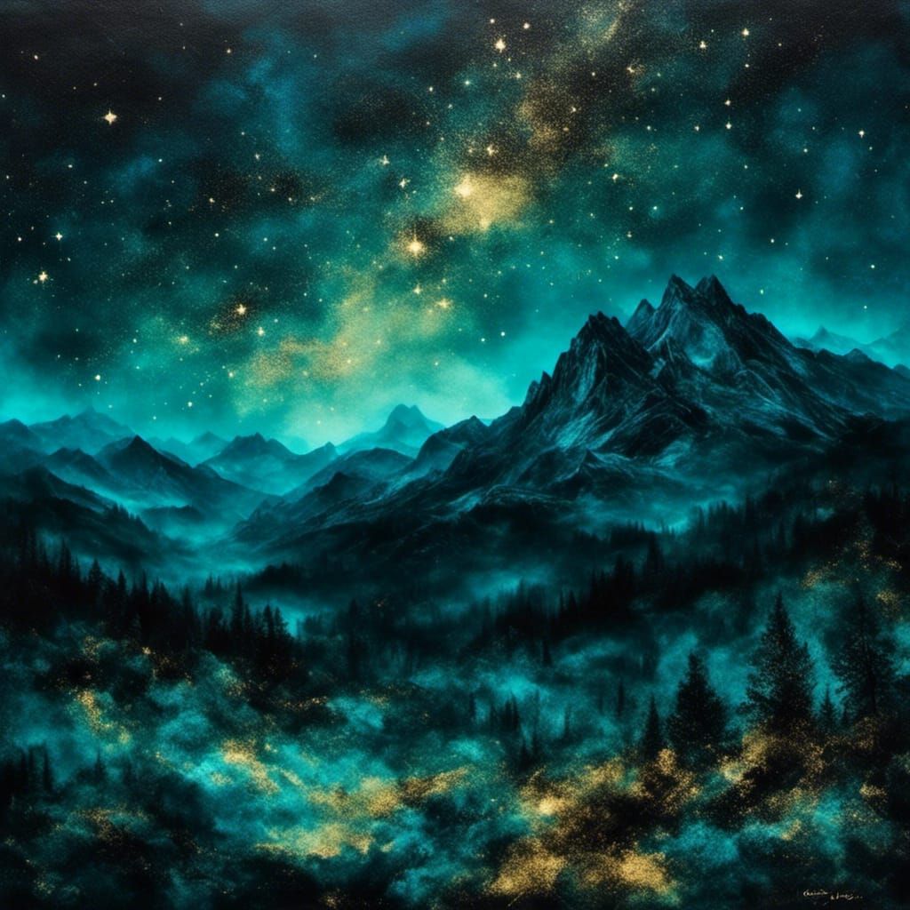 Starry Night Sky Over Mountain Range
