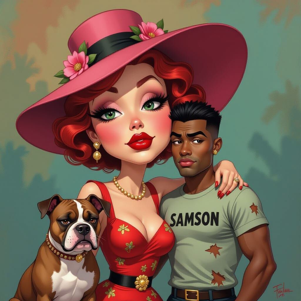 Art Deco Lady Caricature with Pit Bull and Companion