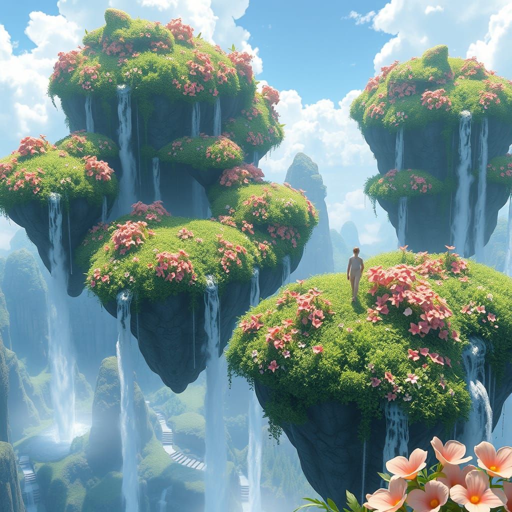 Lush Floating Flower Islands in Anime Style