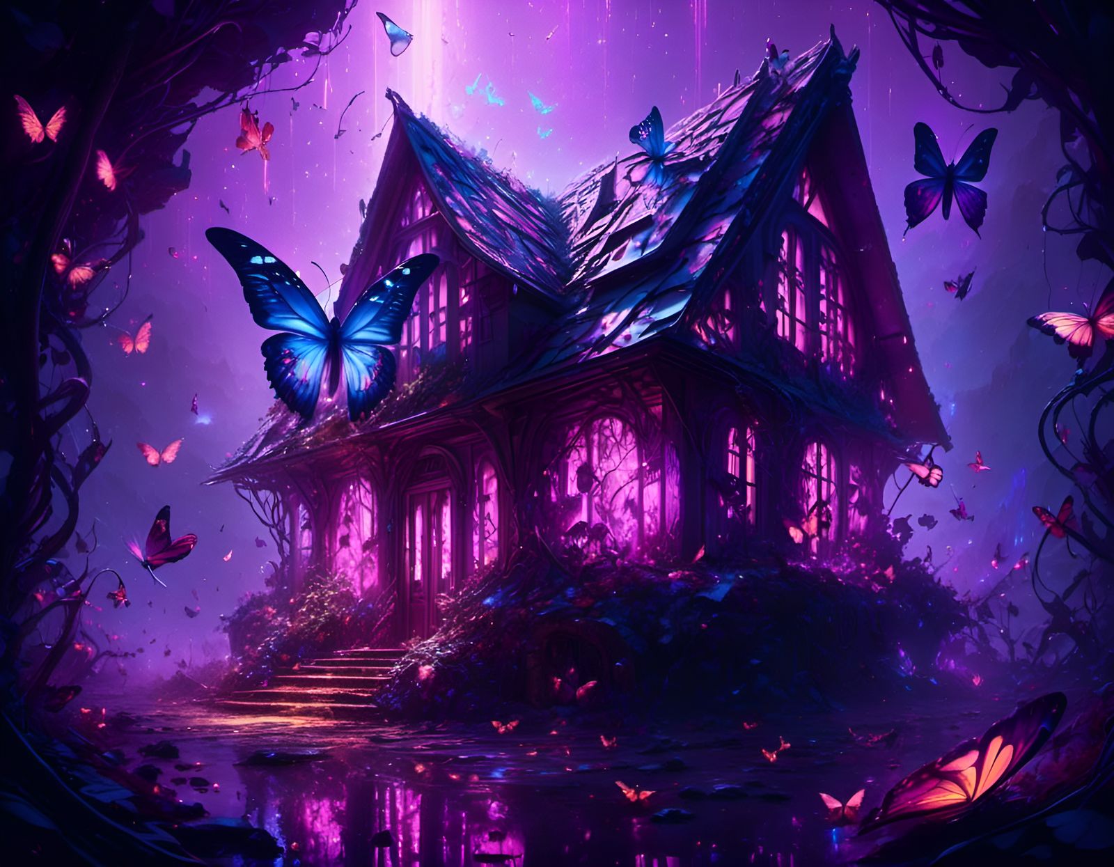 Surreal Butterfly House with Glowing Runes in Watercolor Sty...