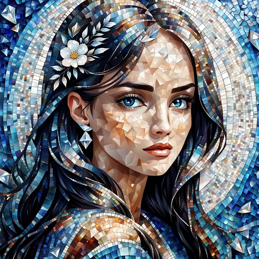 Diamond Mosaic Portrait of a Thoughtful Girl