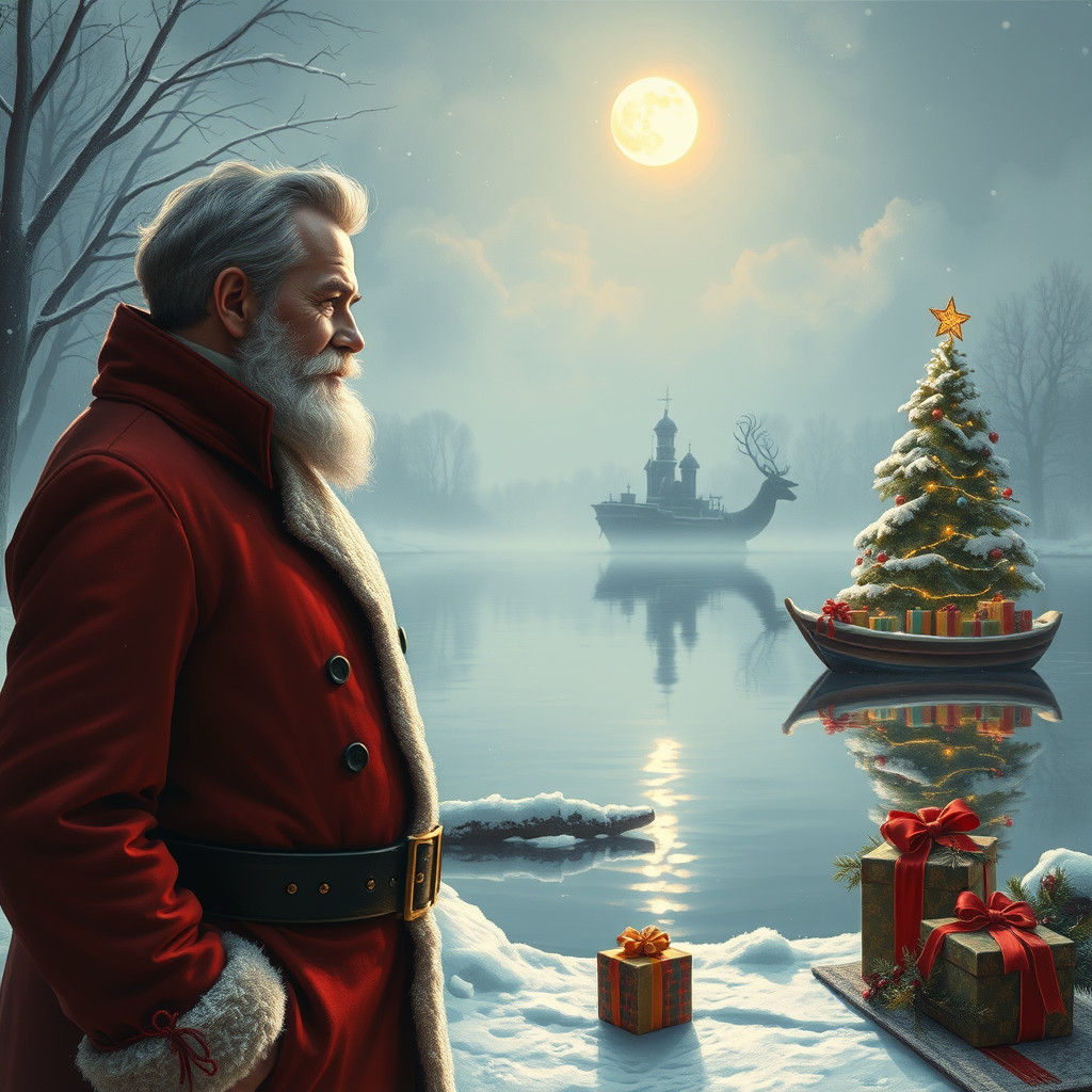 Santa Claus and Reindeer at Winter Pond, Rembrandt Lighting