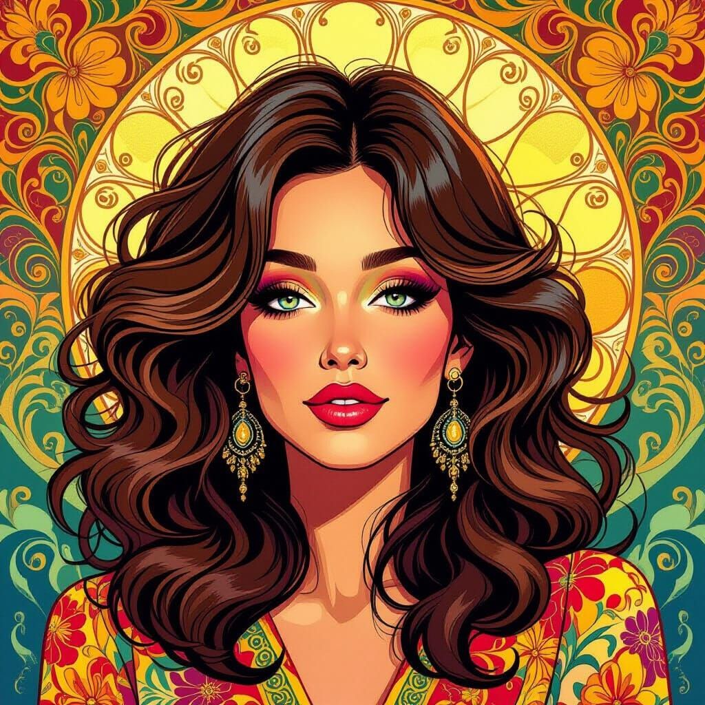 Groovy 70s Psychedelic Female Portrait with Golden Glow