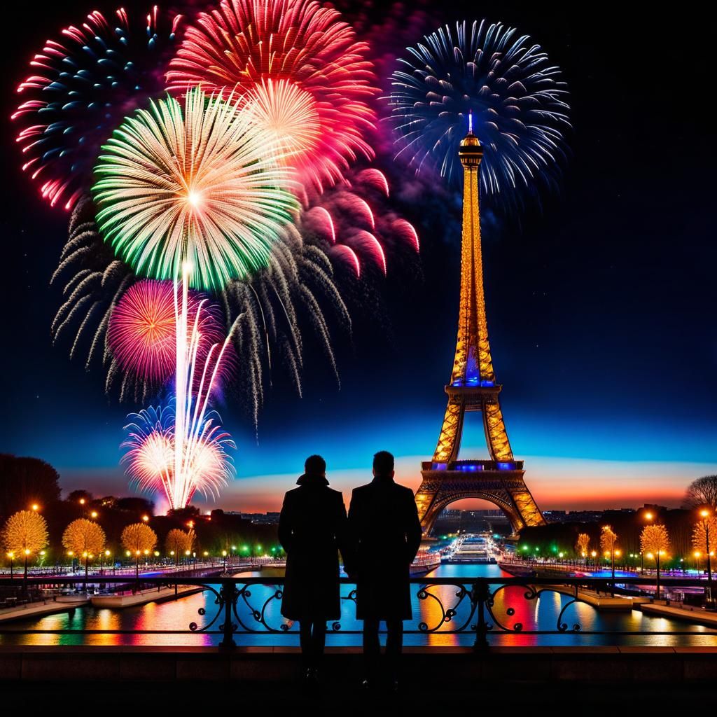 Eiffel Tower Fireworks Display at Night