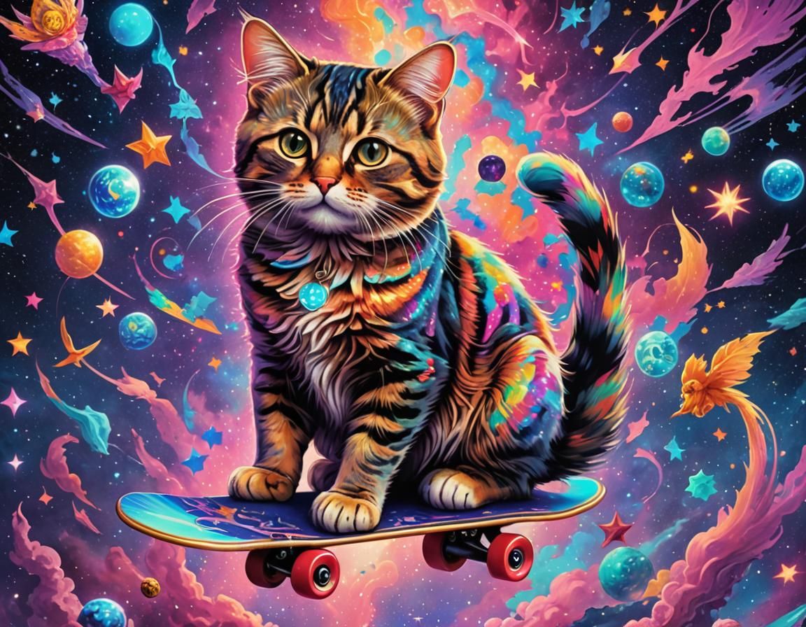 Cat on Skateboard in Cosmic Holographic Style