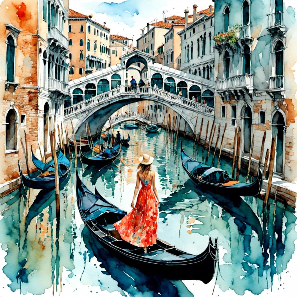Venice Italy Grand Canal, Rialto Bridge  <lora:folklore:1.0> <lora:dreamy watercolor:1.0>
