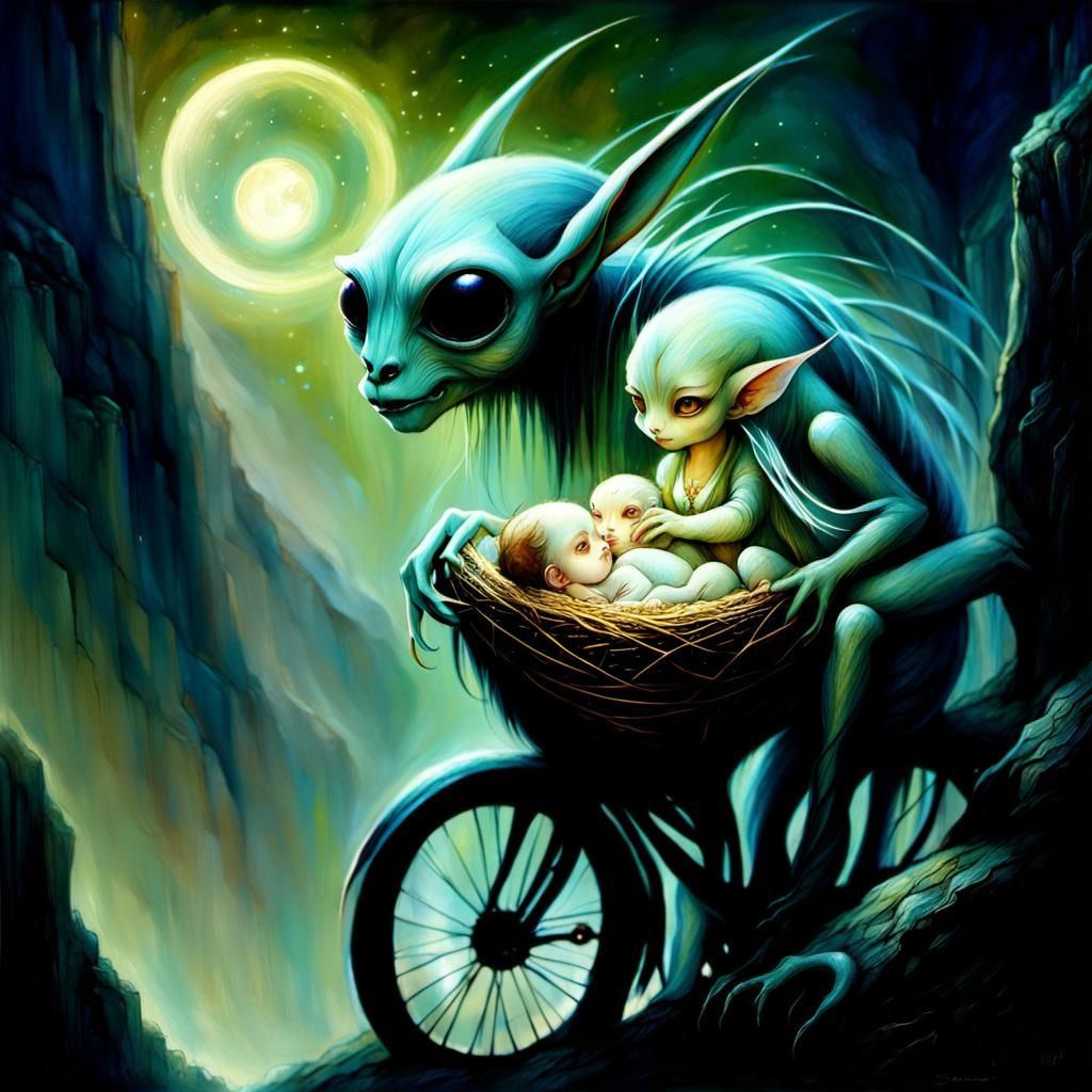 Magical Mountain Scene with Monster Family in Surrealist Sty...