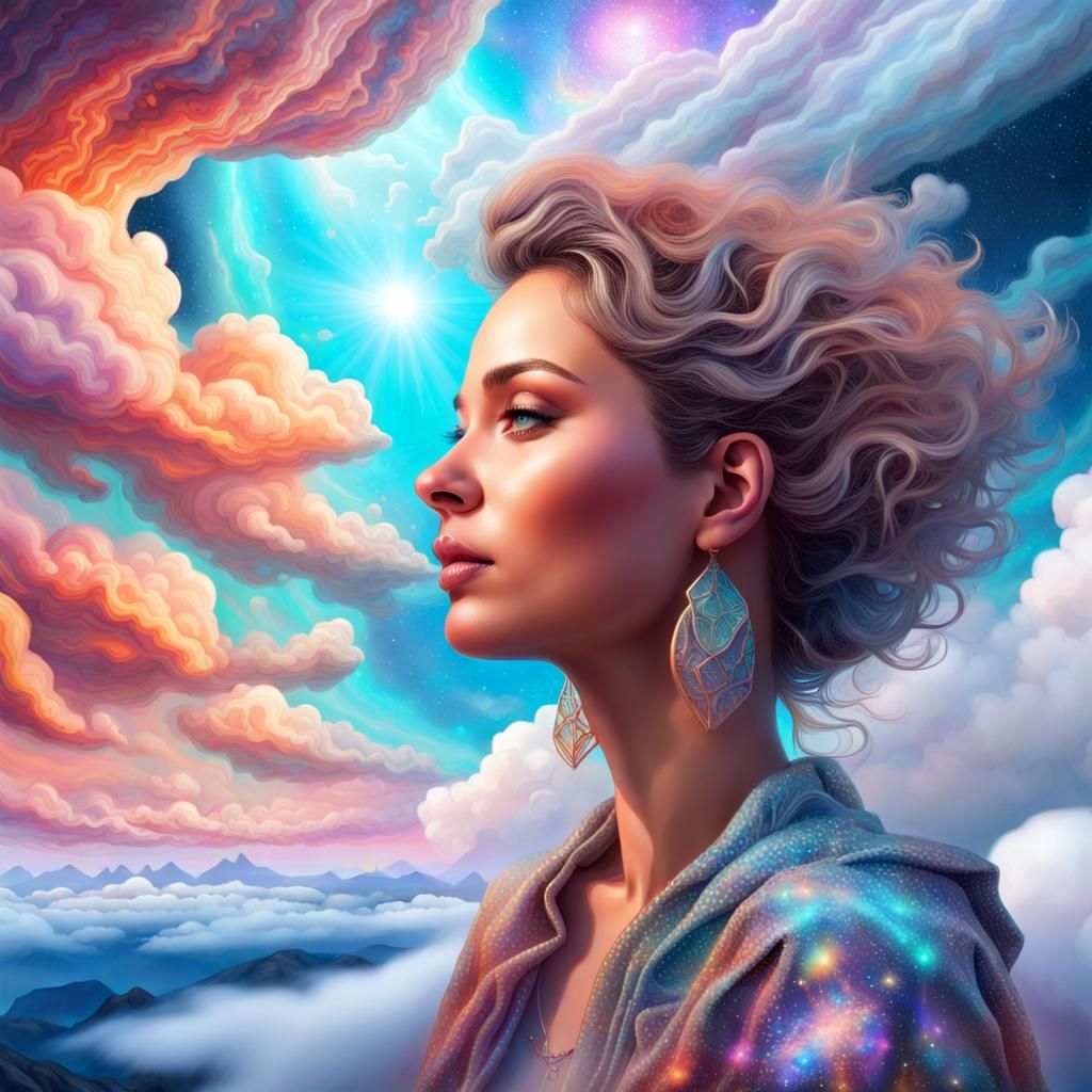 Woman on Cliff Overlooking Clouds: Astral Illustration