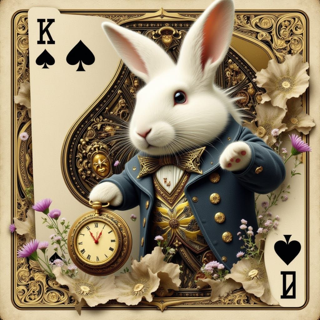 Whimsical White Rabbit Emerge from Ornate Playing Card in St...