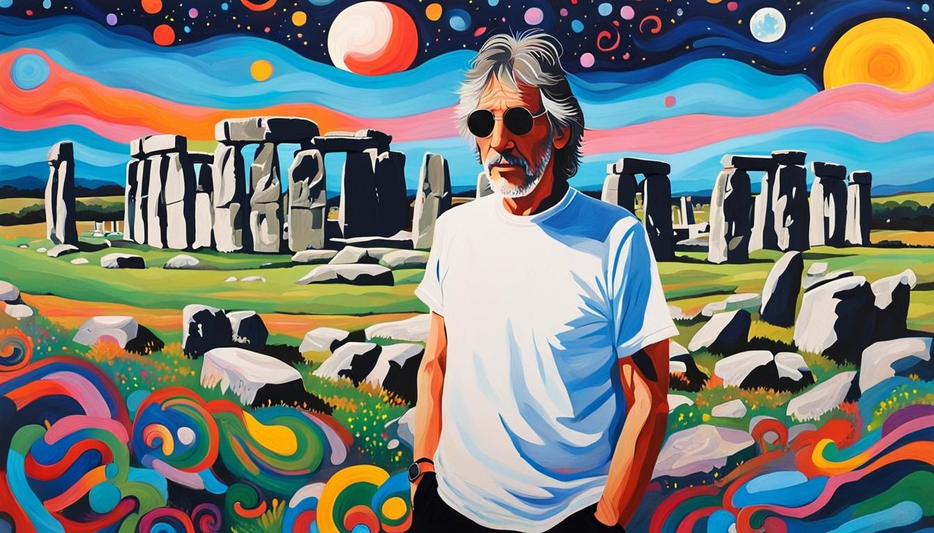 Singer in Acrylic Painting at Stonehenge Under Moonlight