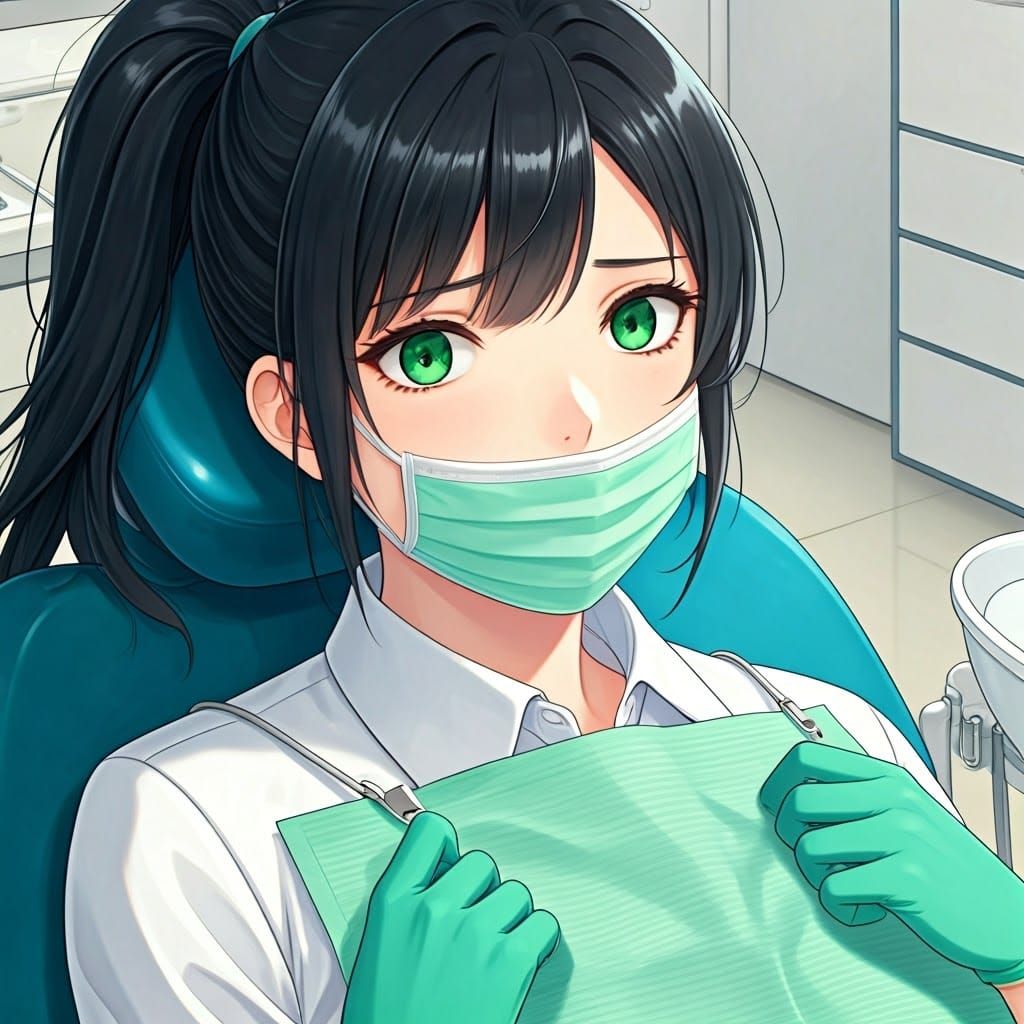 Worried Woman in Dentist Chair: Anime Style
