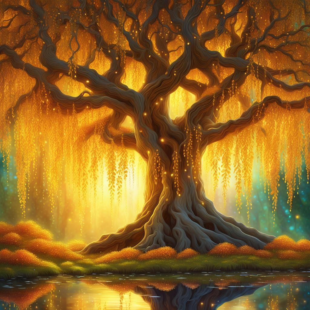 Mystical Citrine Willow Tree in Whimsical Fantasy Landscape