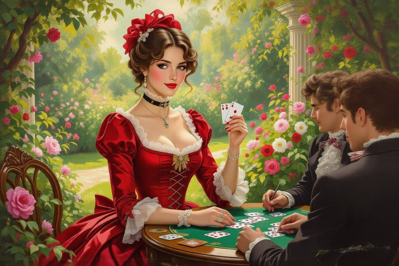 Charming Woman Playing Cards in Rococo Garden