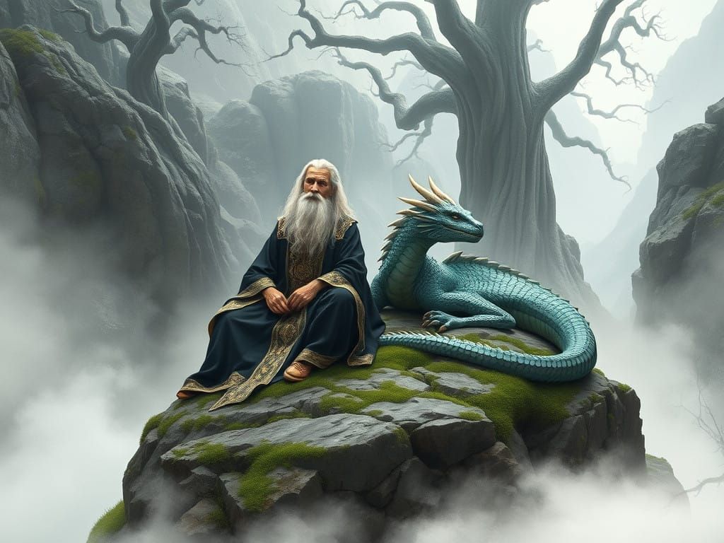 Majestic Wizard and Dragon in Ethereal Landscape