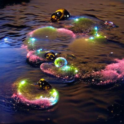 Glowing Neon Bubbles Floating on Water