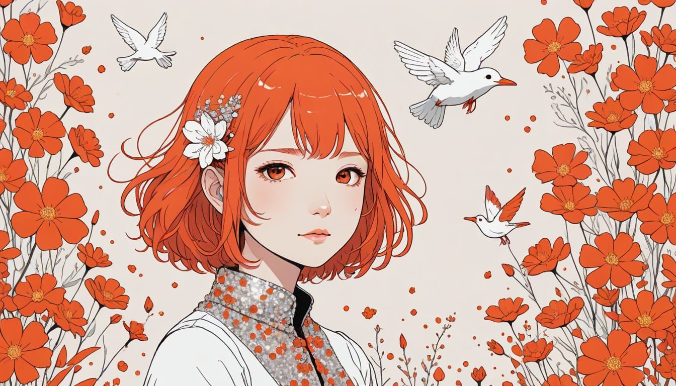 Cute Girl Surrounded by Axolotls and Flowers in Vibrant Oran...