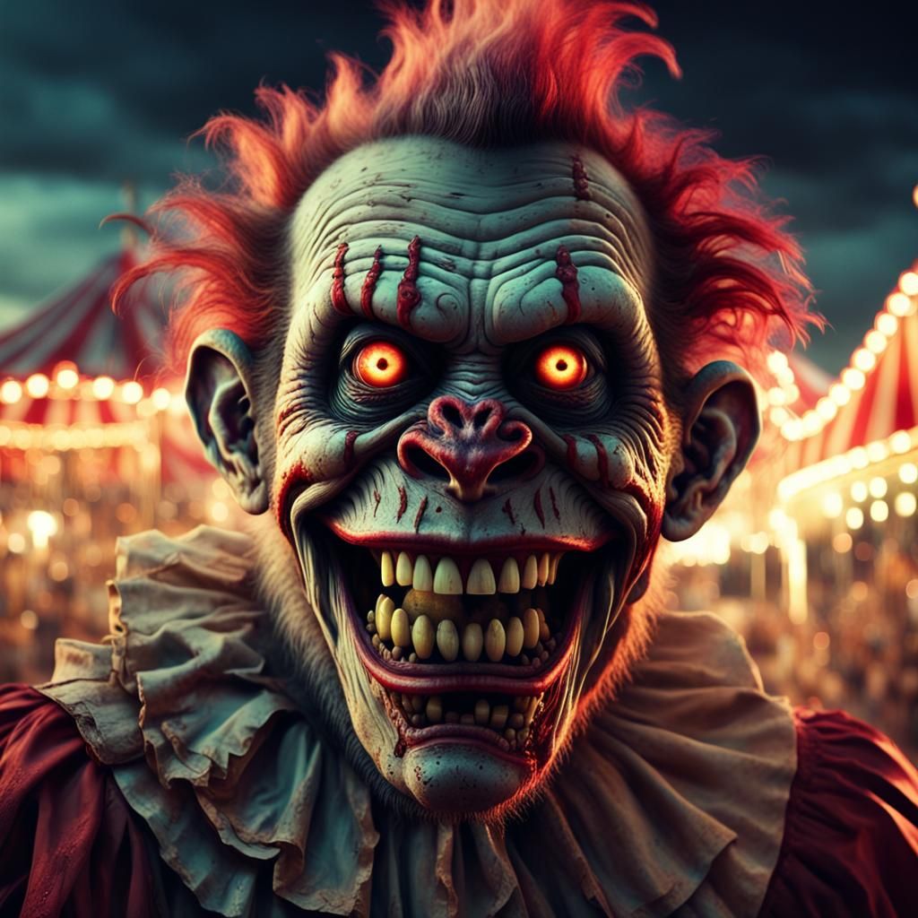 Creepy Zombie Clown Monkey in Abandoned Carnival