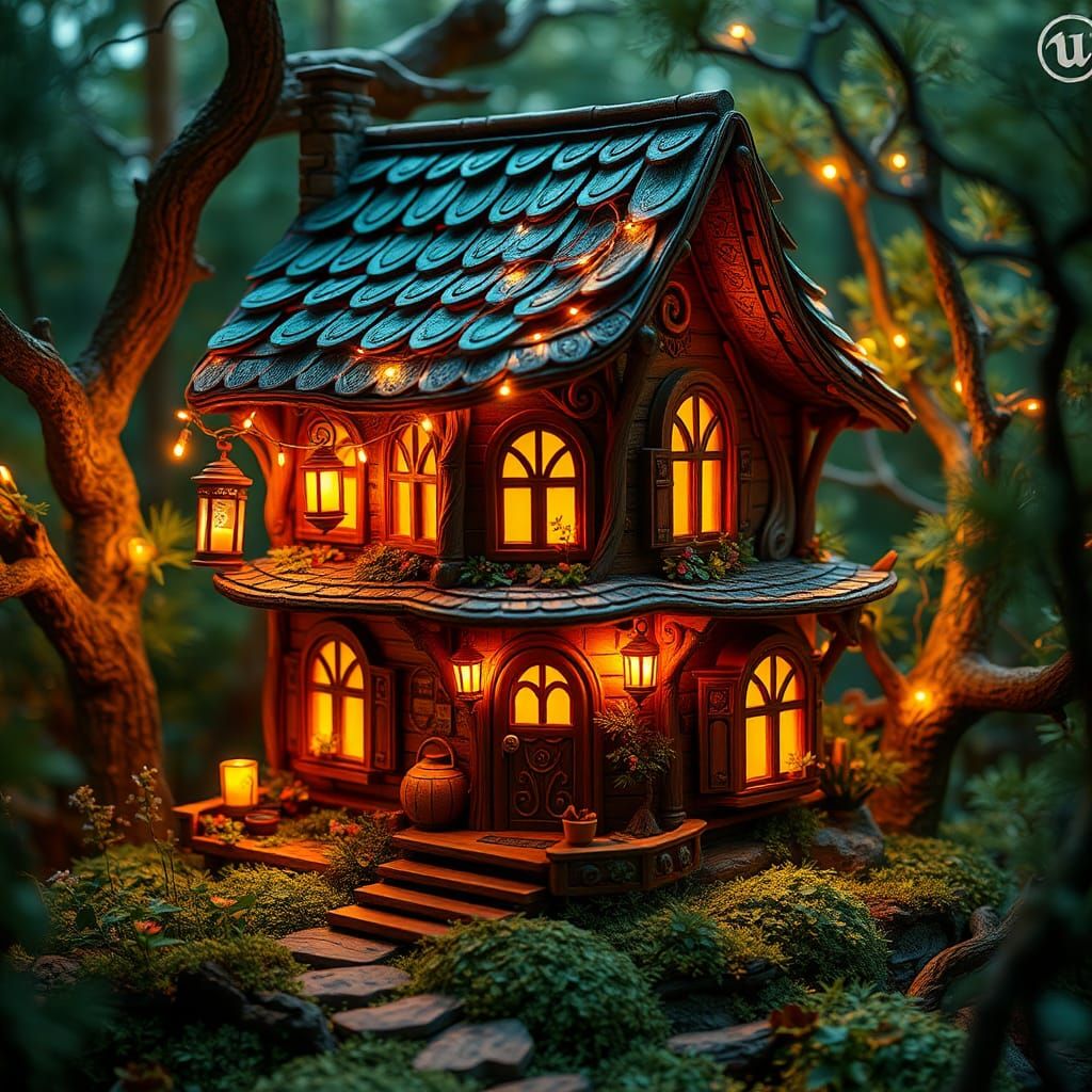 Enchanted Miniature Cottage Aglow in Forest, Fantasy Art