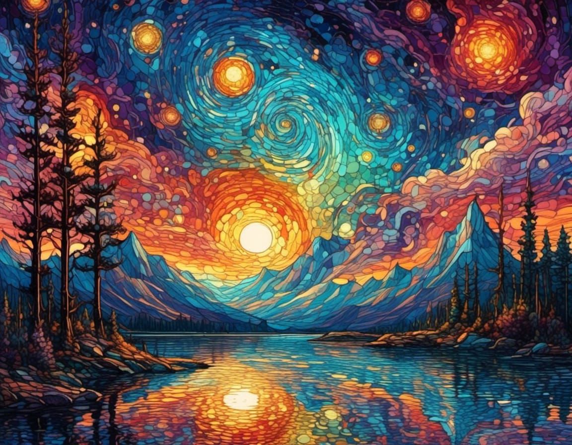 Psychedelic Starry Night in Stained Glass Style