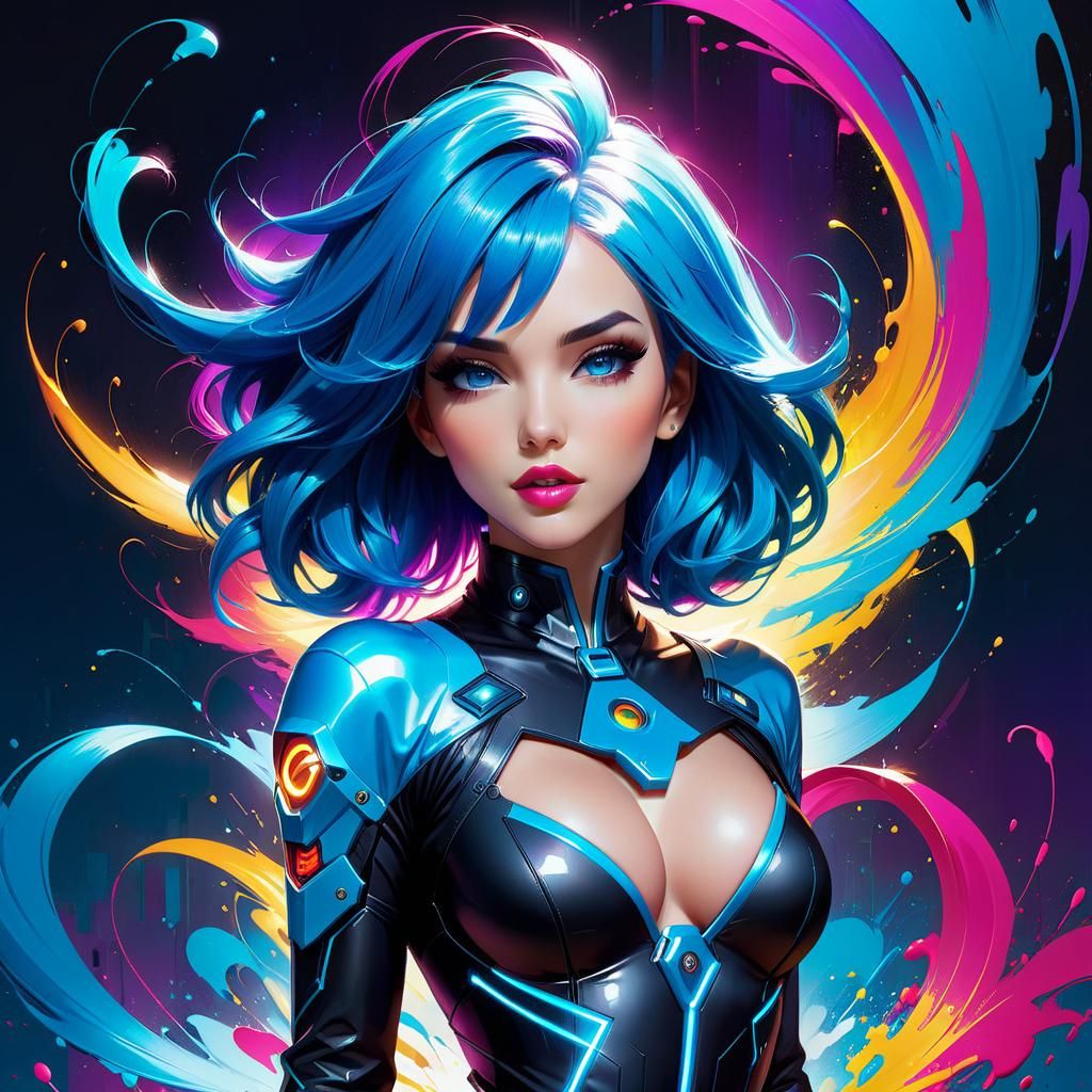 Stunning Woman with Blue Hair in Splash Art Style