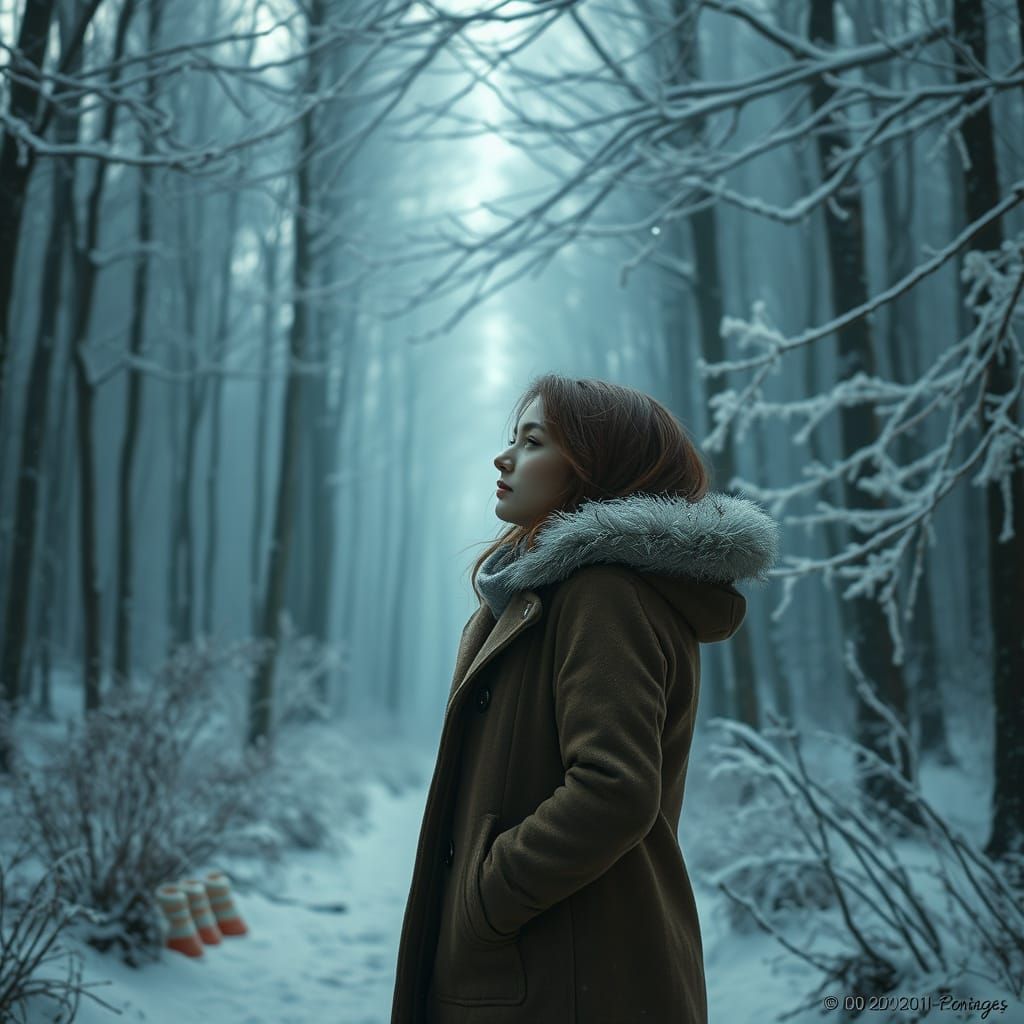Warm Coated Woman in Snowy Forest Landscape