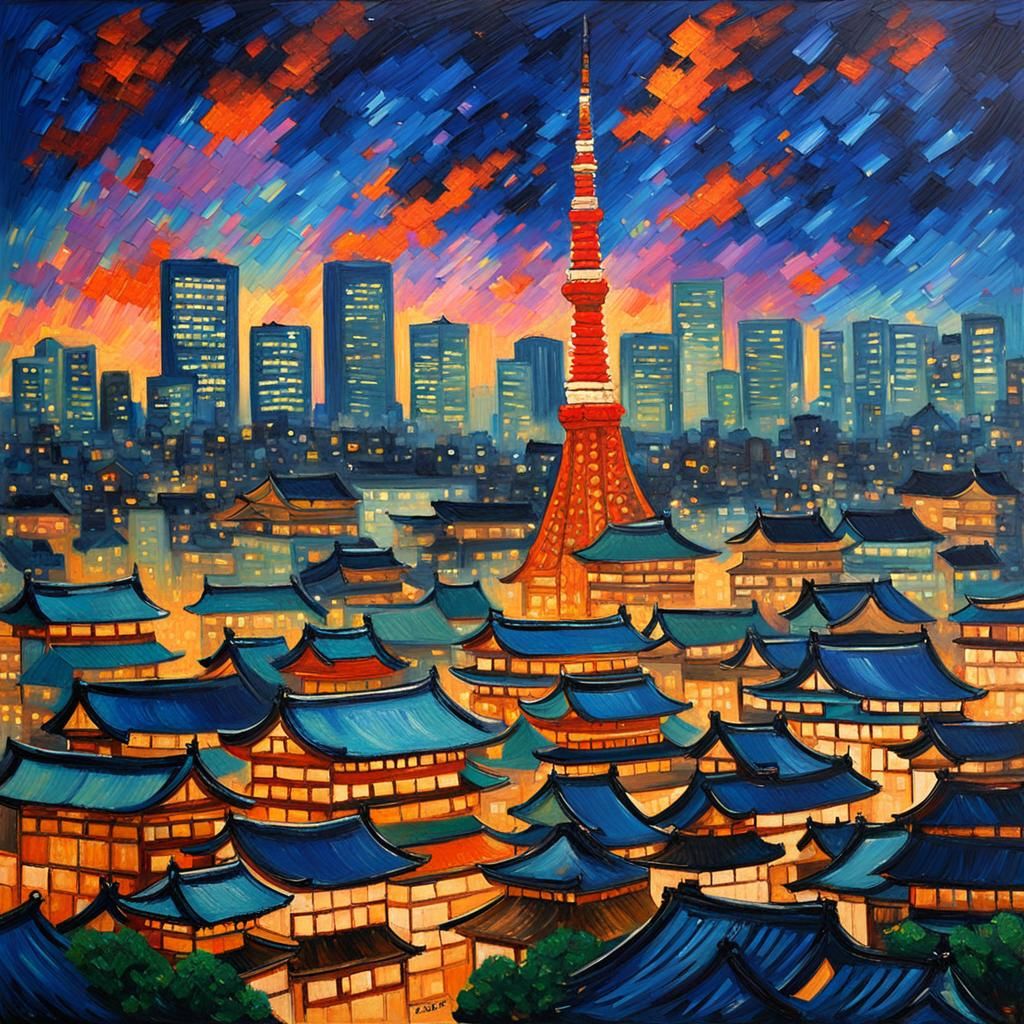 Tokyo Nightscape: Edo Buildings in Expressionist Impasto Sty...