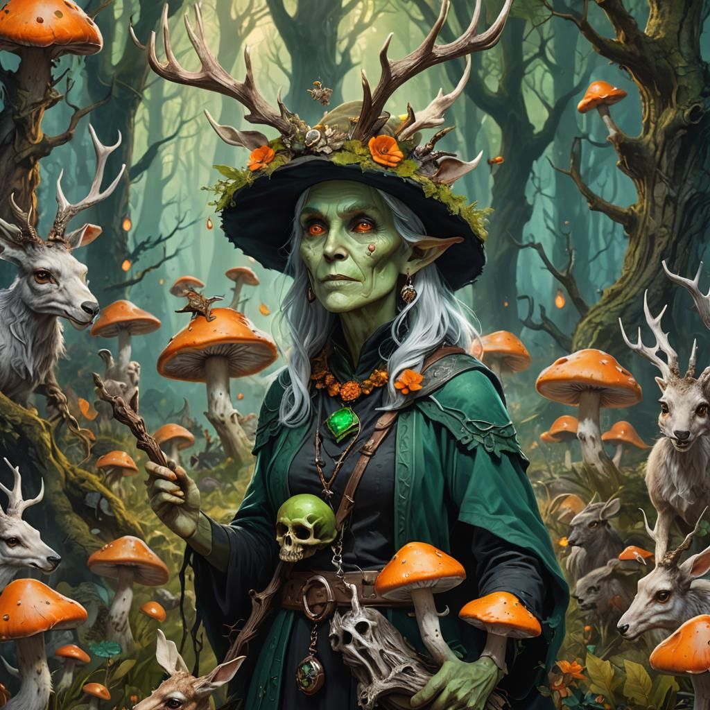 Druid Witch in Mushroom Forest: Digital Matte Painting