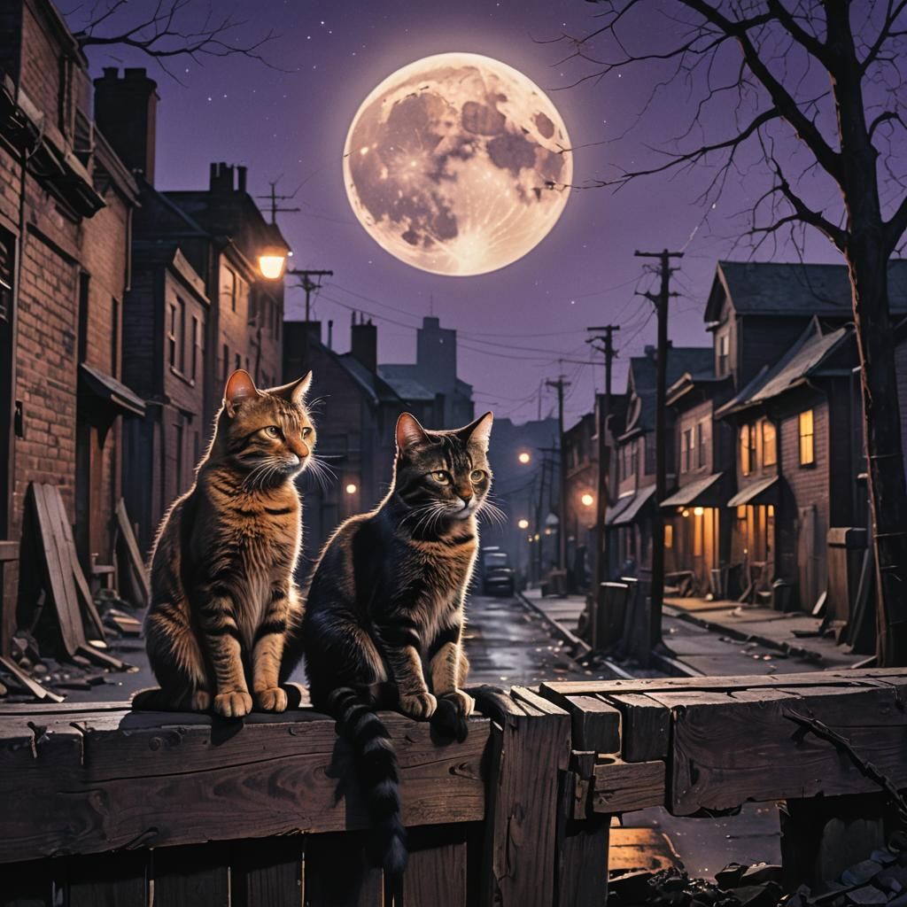 Cats Gazing at Moon in Moody Urban Alley