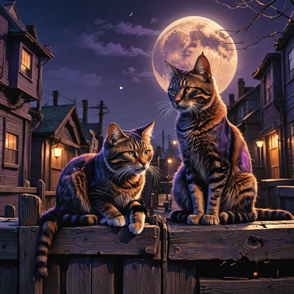 Cats Gazing at Moon: Fantasy Matte Painting