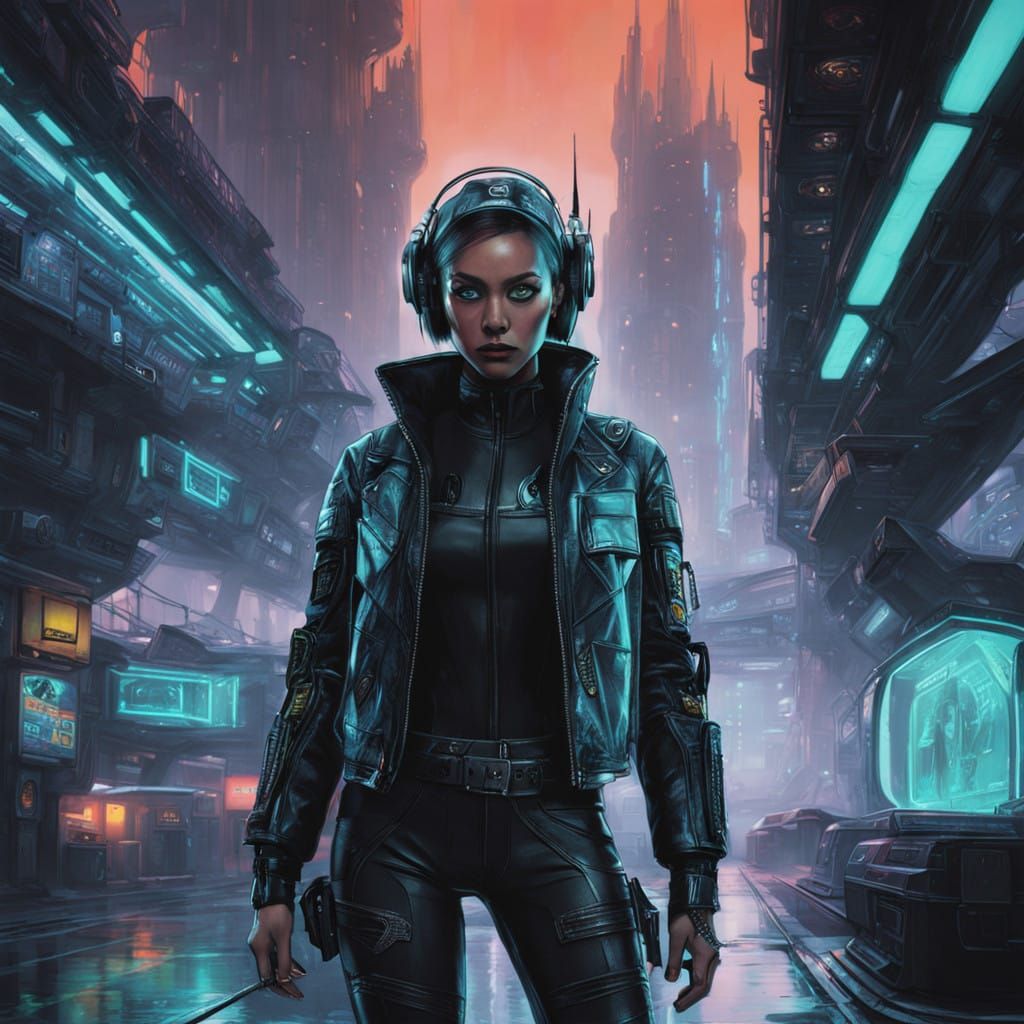Cyberpunk Goddess Standing Before a Futuristic Spaceship