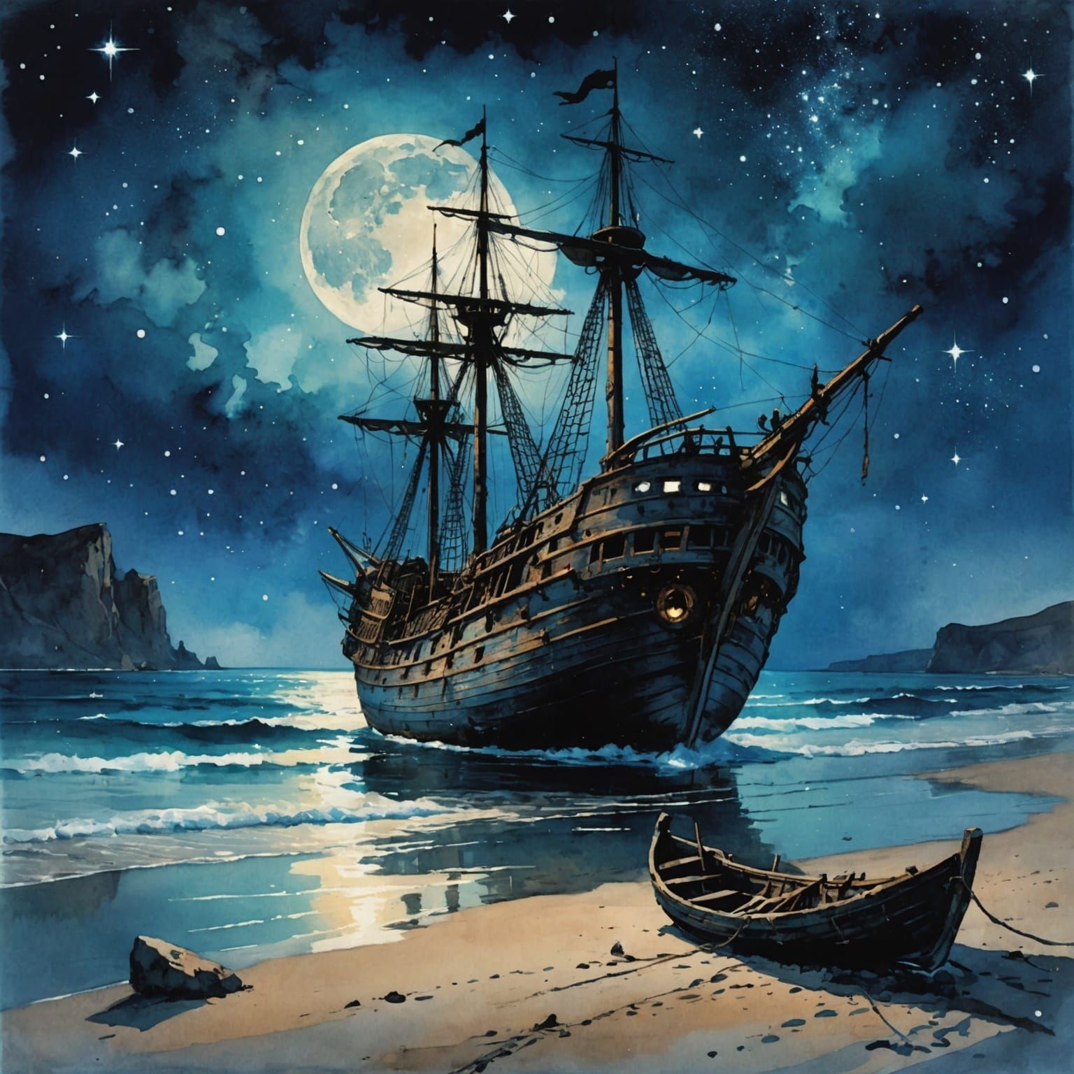Shipwrecked Pirate Vessel Under Astral Sky