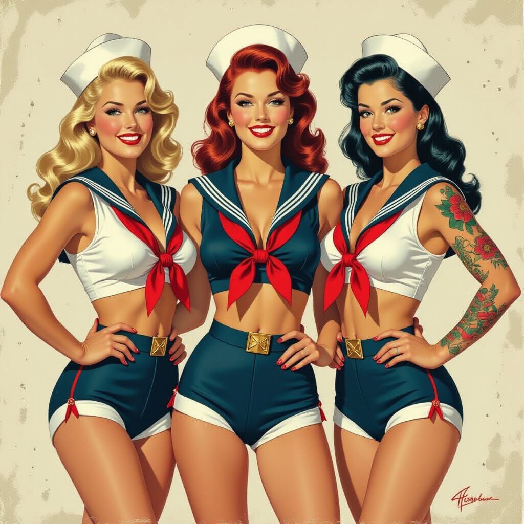 US Navy Pinup Girls in American Traditional Style
