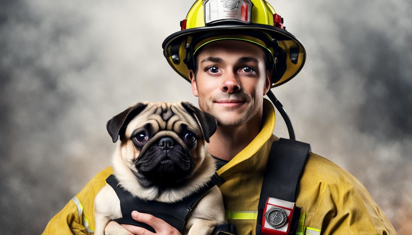 Firefighter Holding a Pug in Realistic Style