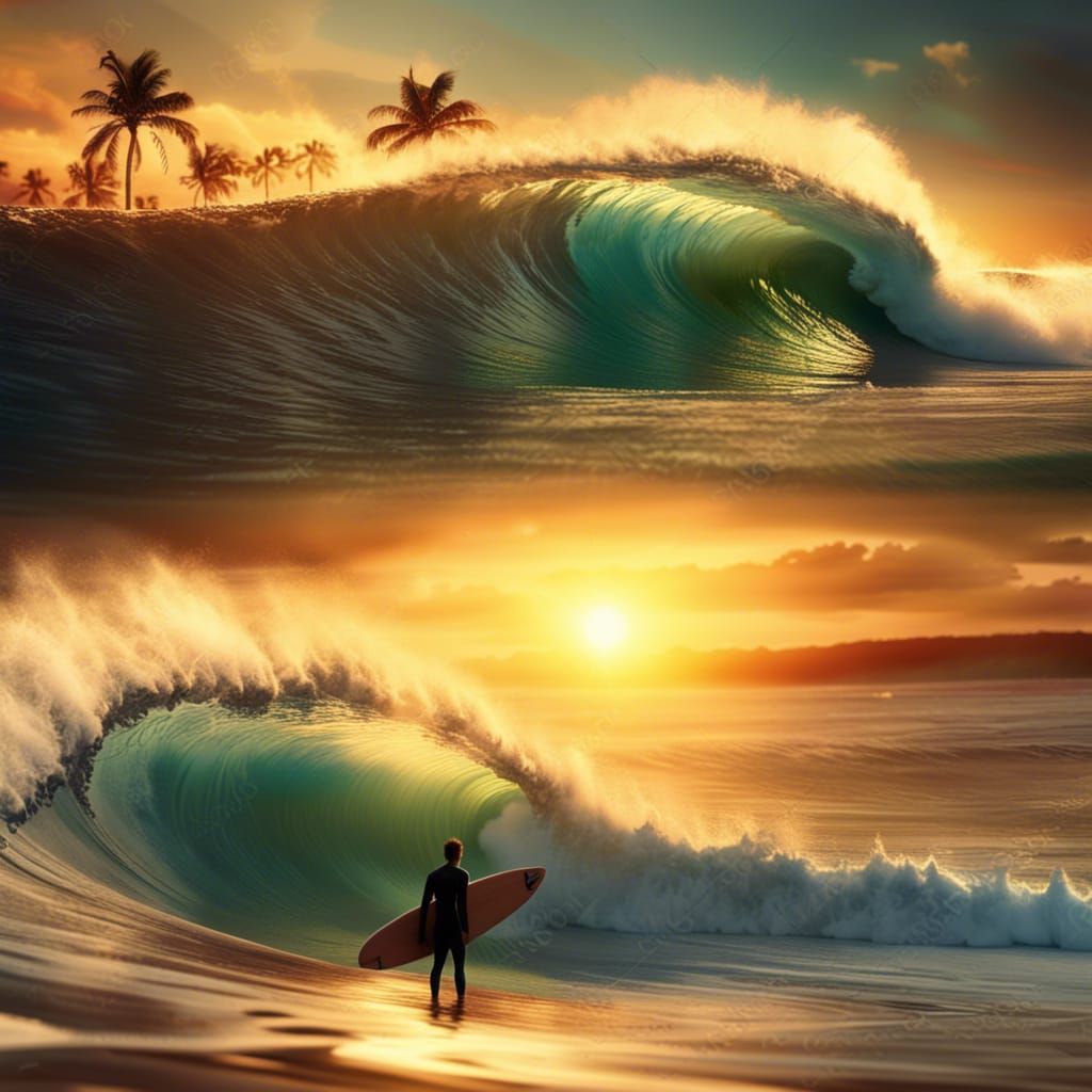 Surfer Rides Perfect Wave at Sunset