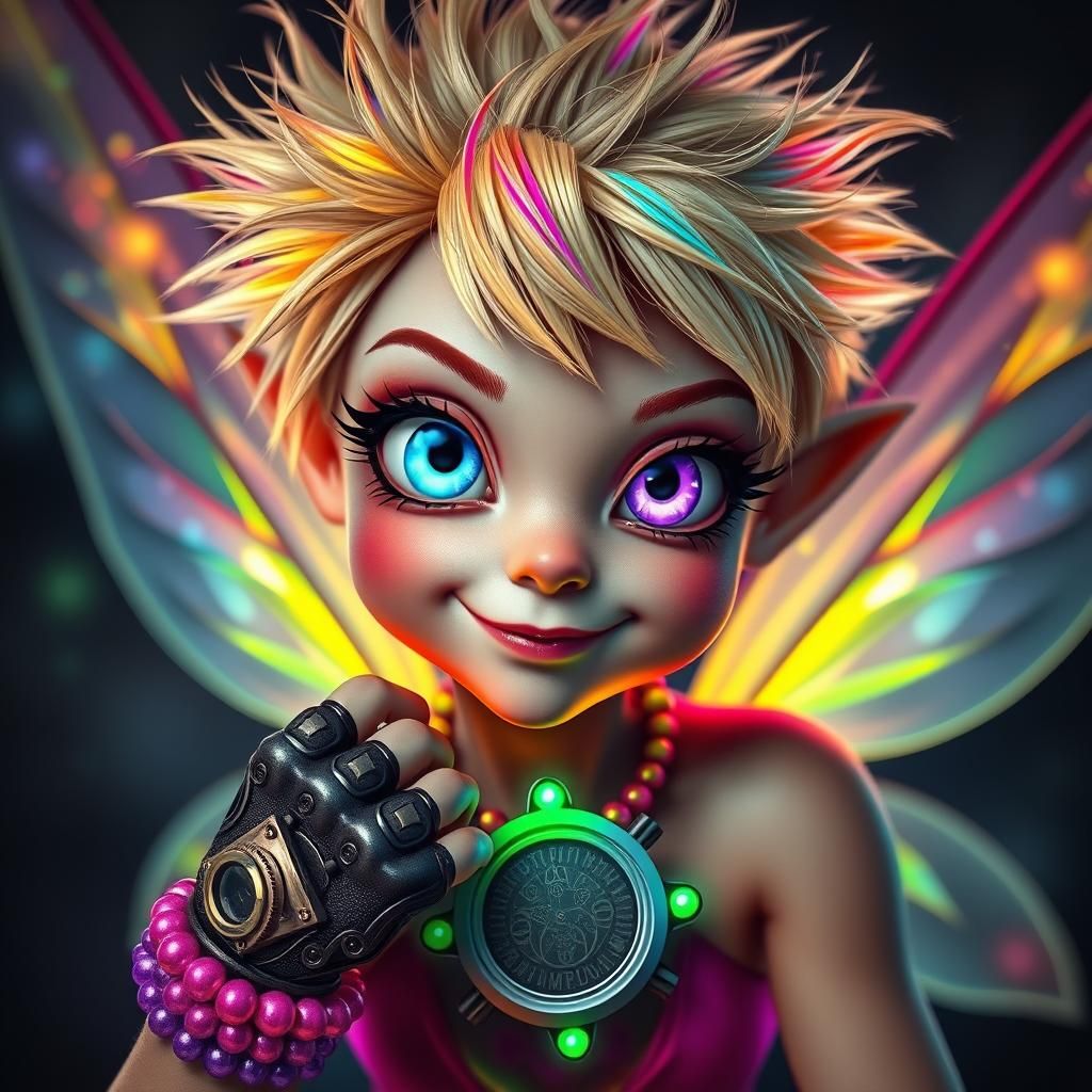Cheeky Heterochromatic Fairy in Neon Rave Outfit
