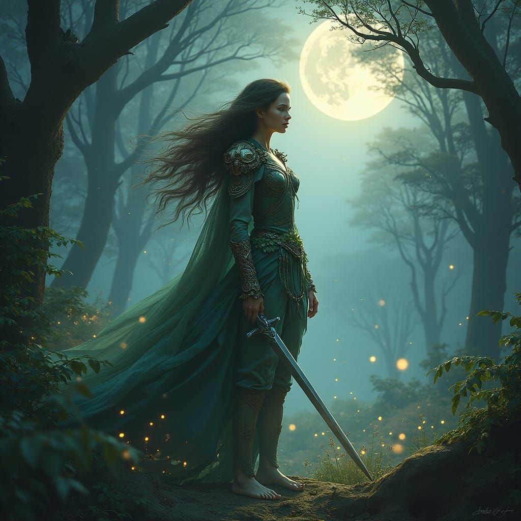 Ethereal Elfin Warrior in Moonlit Glade