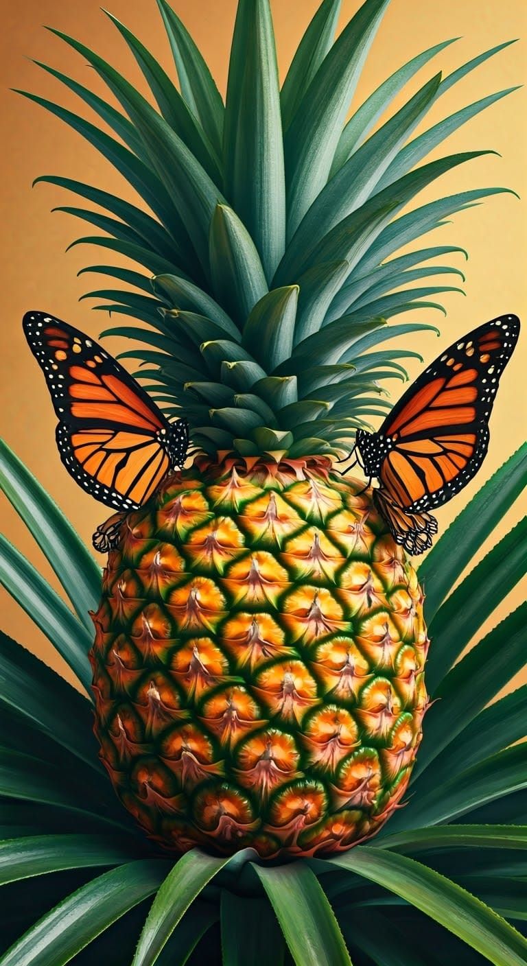 Monarchs Gather on Tropical Pineapple in Whimsical, Dreamlik...