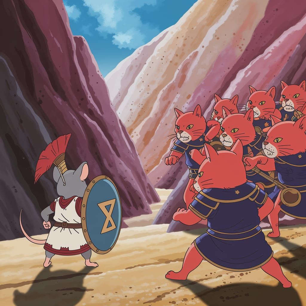 Heroic Mouse Confronts Fierce Cats in Ancient Landscape